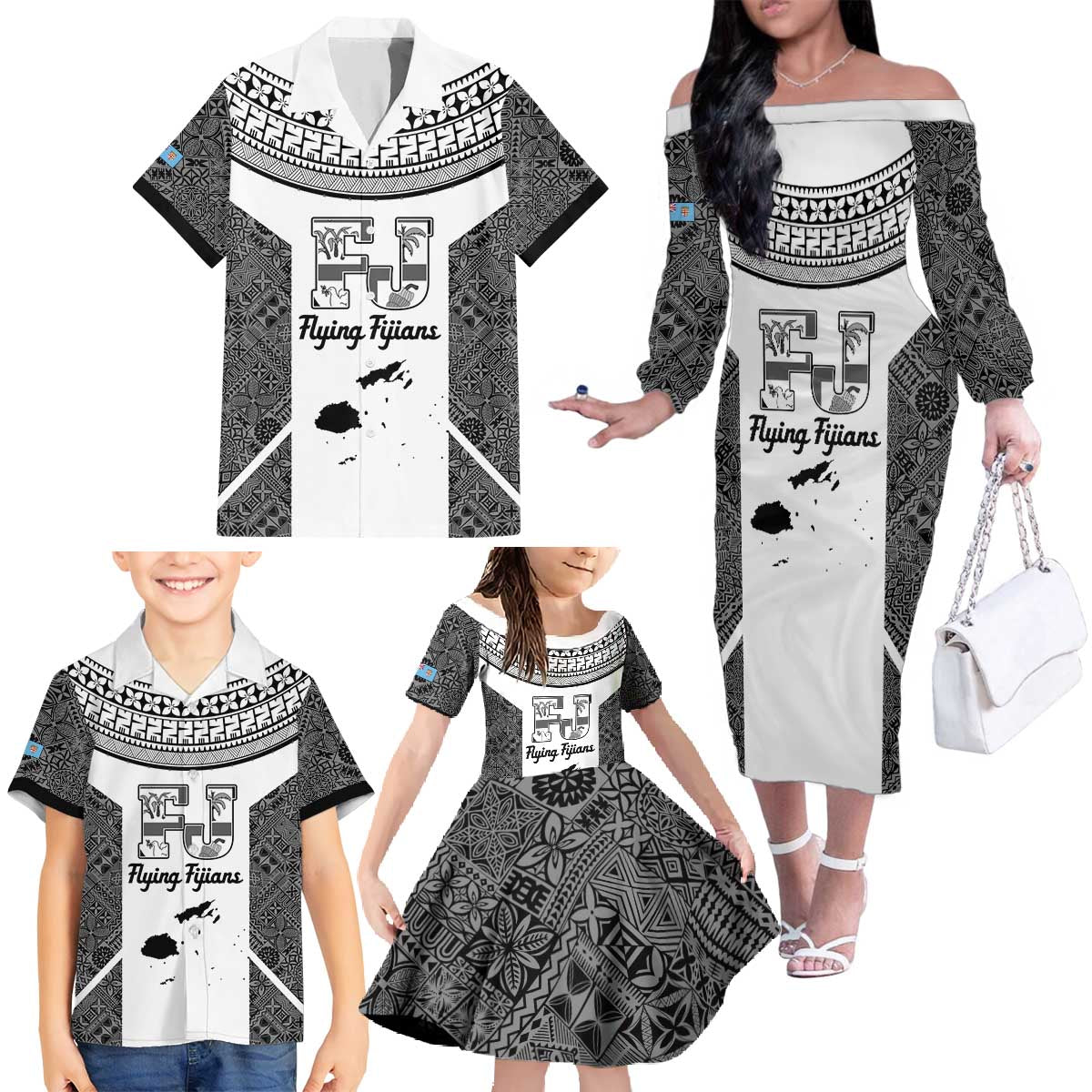 Custom Fiji Tapa Rugby Family Matching Off The Shoulder Long Sleeve Dress and Hawaiian Shirt Flying Fijian Black And White Version
