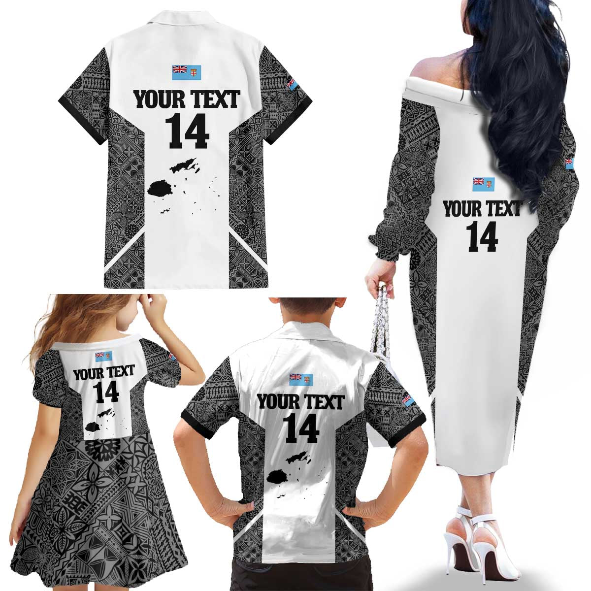 Custom Fiji Tapa Rugby Family Matching Off The Shoulder Long Sleeve Dress and Hawaiian Shirt Flying Fijian Black And White Version