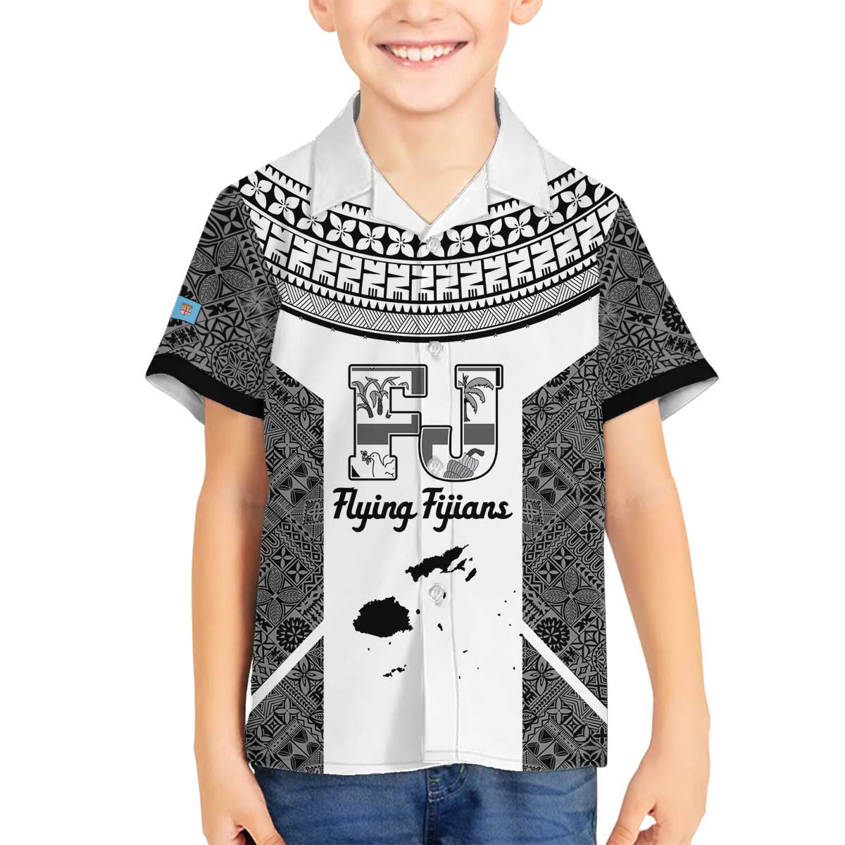 Custom Fiji Tapa Rugby Family Matching Off The Shoulder Long Sleeve Dress and Hawaiian Shirt Flying Fijian Black And White Version