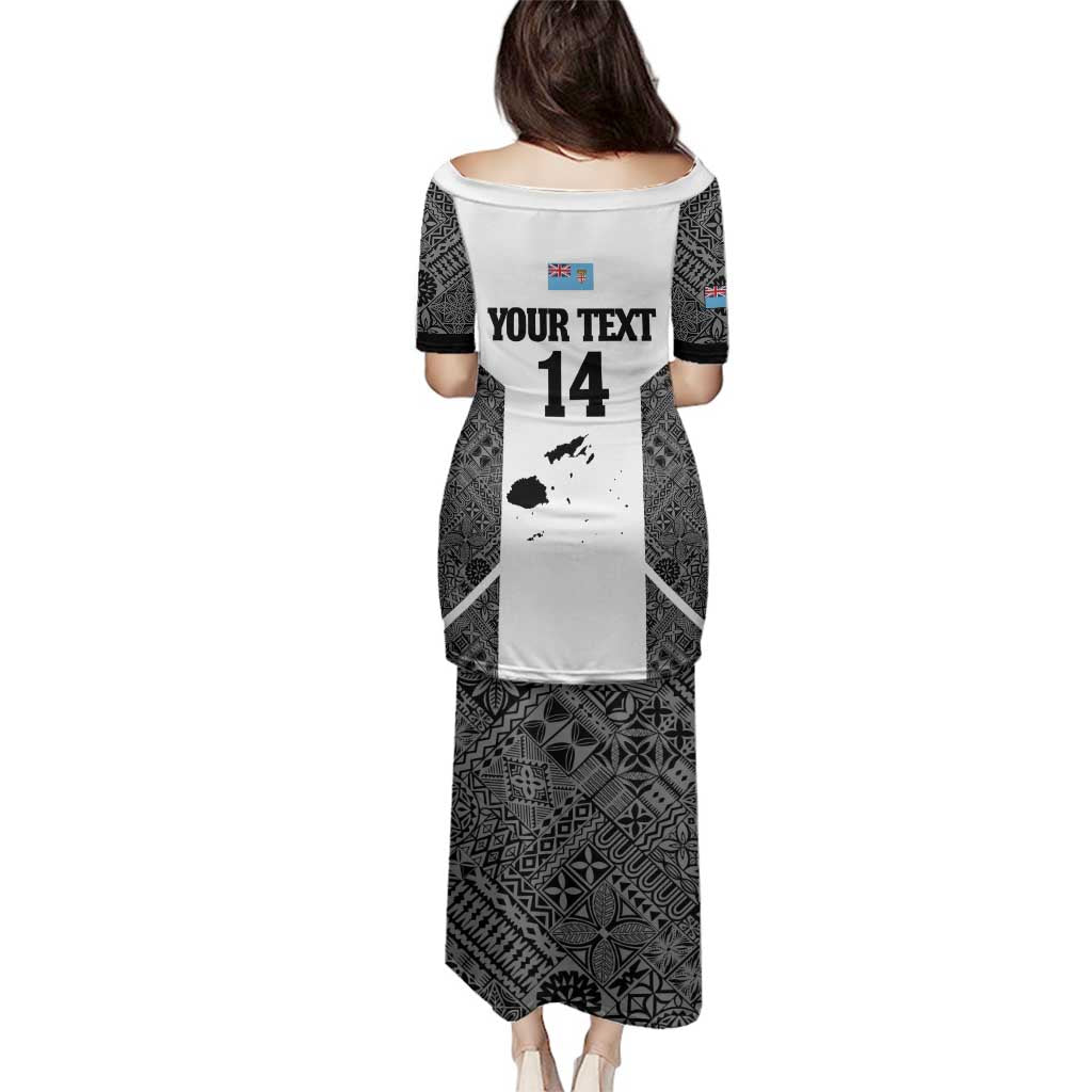 Custom Fiji Tapa Rugby Family Matching Puletasi and Hawaiian Shirt Flying Fijian Black And White Version