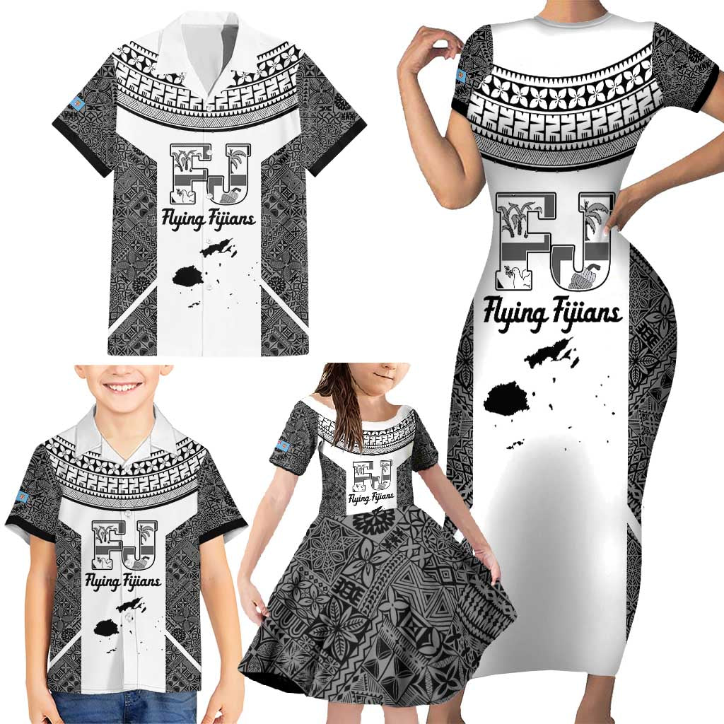 Custom Fiji Tapa Rugby Family Matching Short Sleeve Bodycon Dress and Hawaiian Shirt Flying Fijian Black And White Version