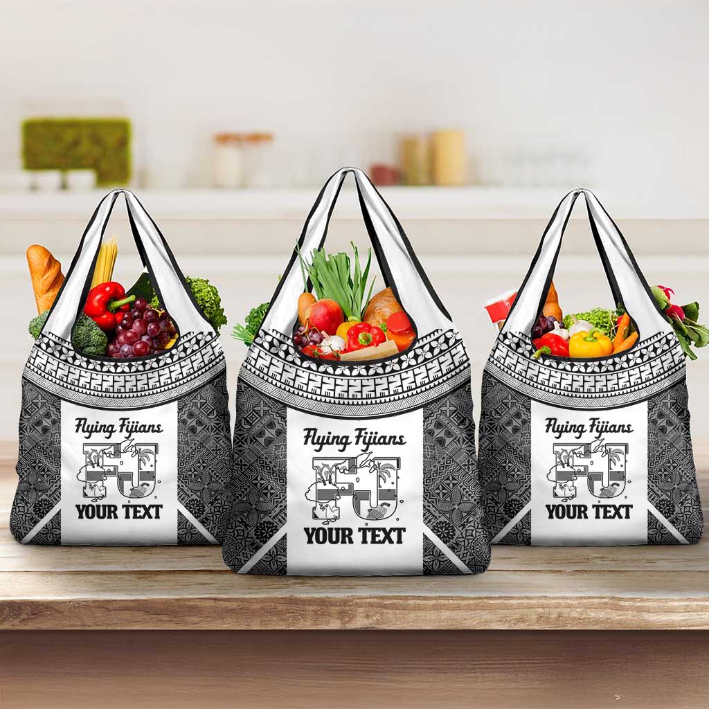 Custom Fiji Tapa Rugby Grocery Bag Flying Fijian Black And White Version