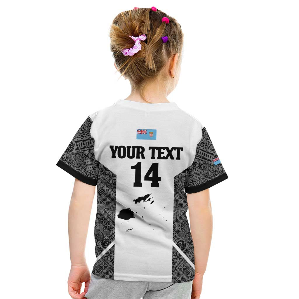 Custom Fiji Tapa Rugby Kid T Shirt Flying Fijian Black And White Version