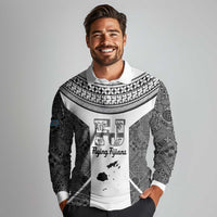 Custom Fiji Tapa Rugby Long Sleeve Polo Shirt Flying Fijian Black And White Version