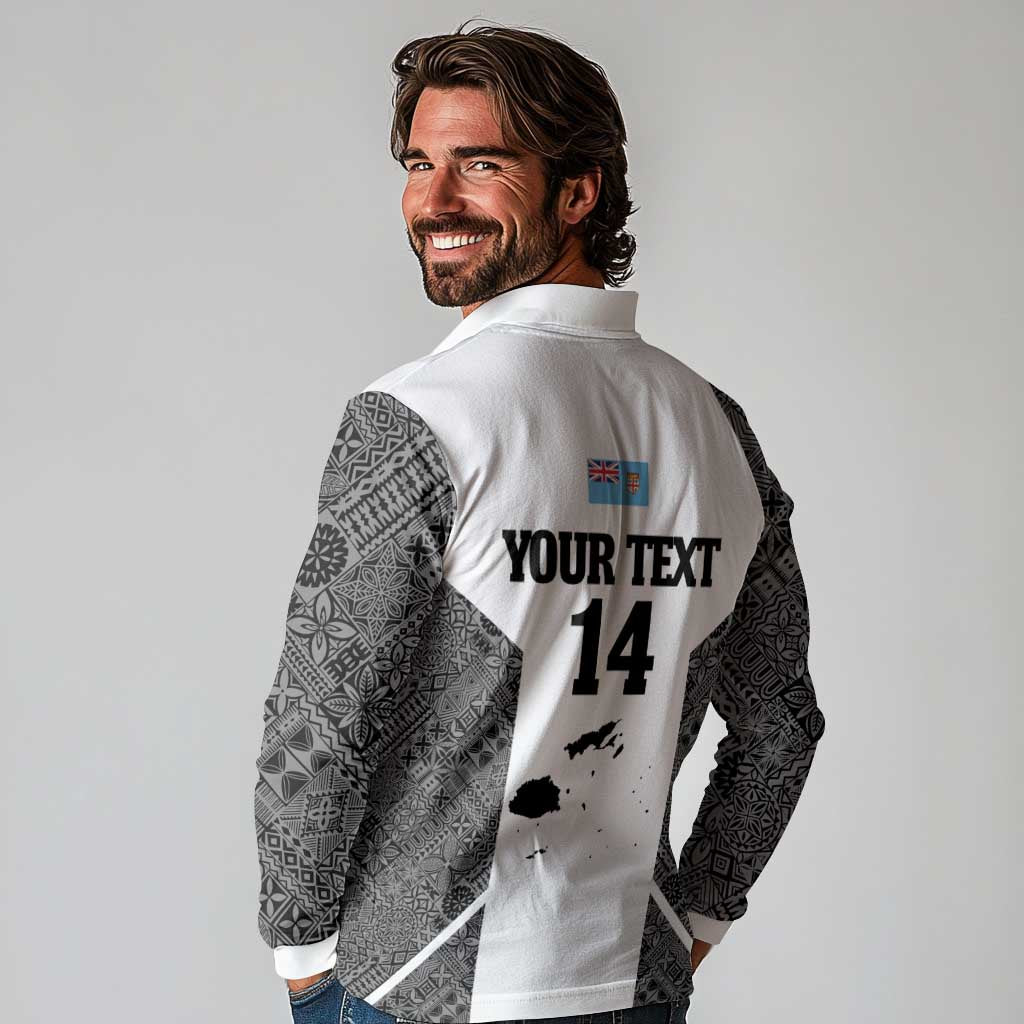 Custom Fiji Tapa Rugby Long Sleeve Polo Shirt Flying Fijian Black And White Version