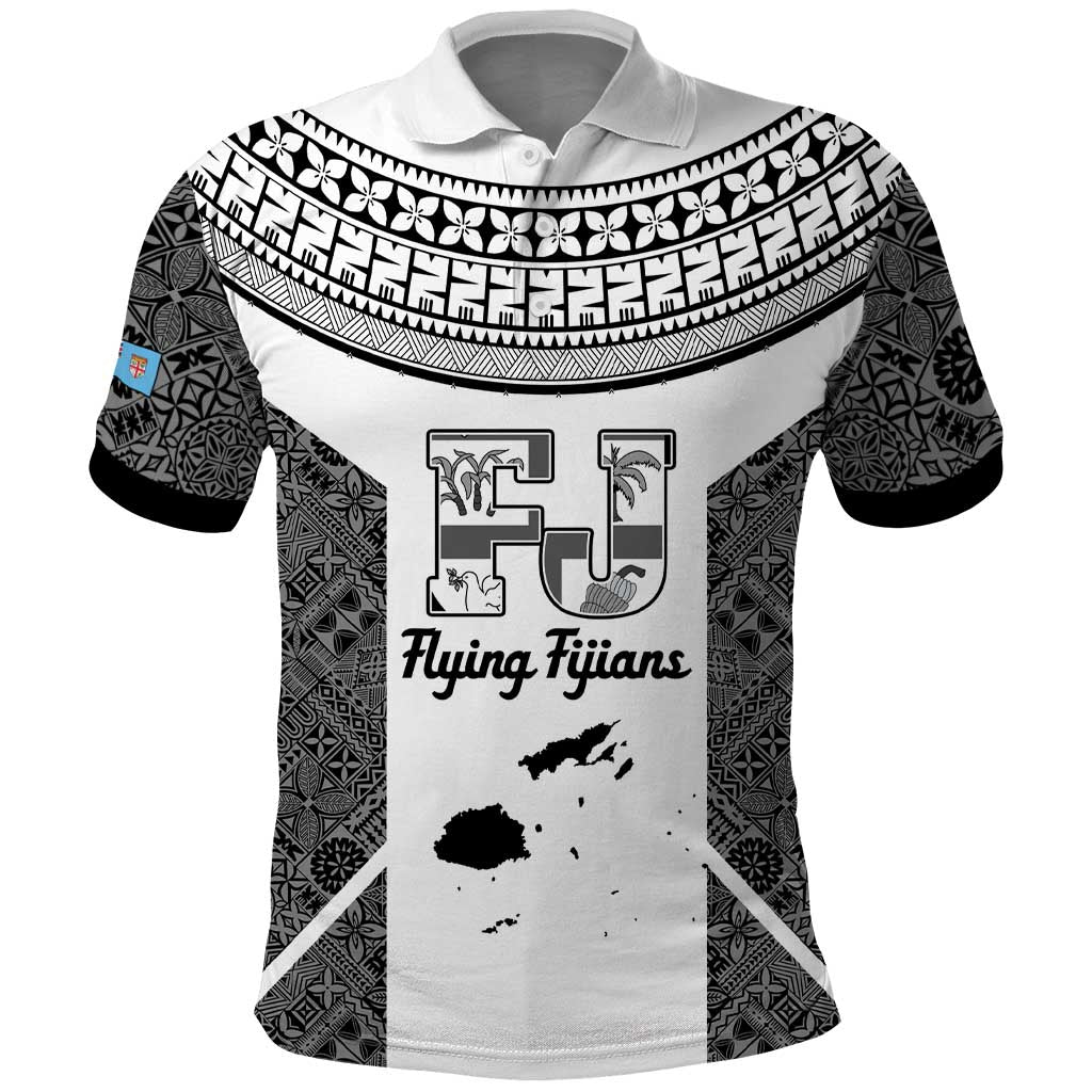 Custom Fiji Tapa Rugby Polo Shirt Flying Fijian Black And White Version