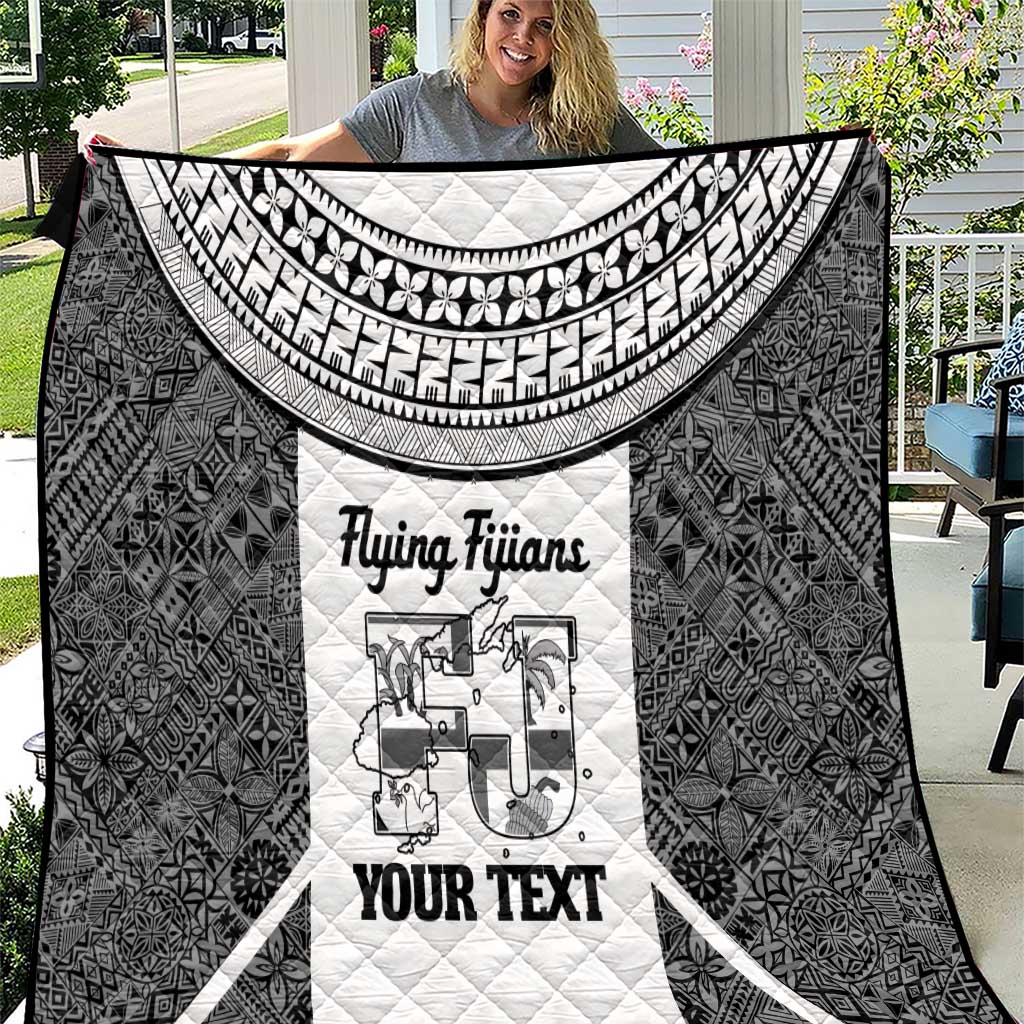Custom Fiji Tapa Rugby Quilt Flying Fijian Black And White Version