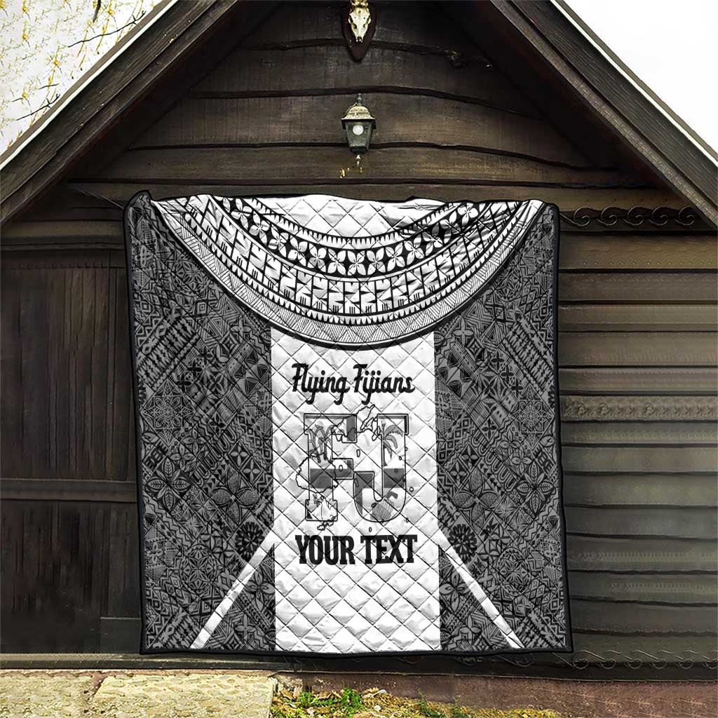 Custom Fiji Tapa Rugby Quilt Flying Fijian Black And White Version