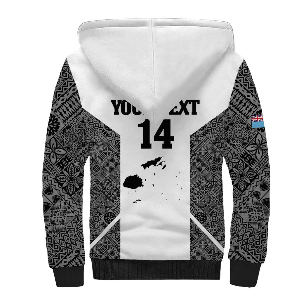 Custom Fiji Tapa Rugby Sherpa Hoodie Flying Fijian Black And White Version