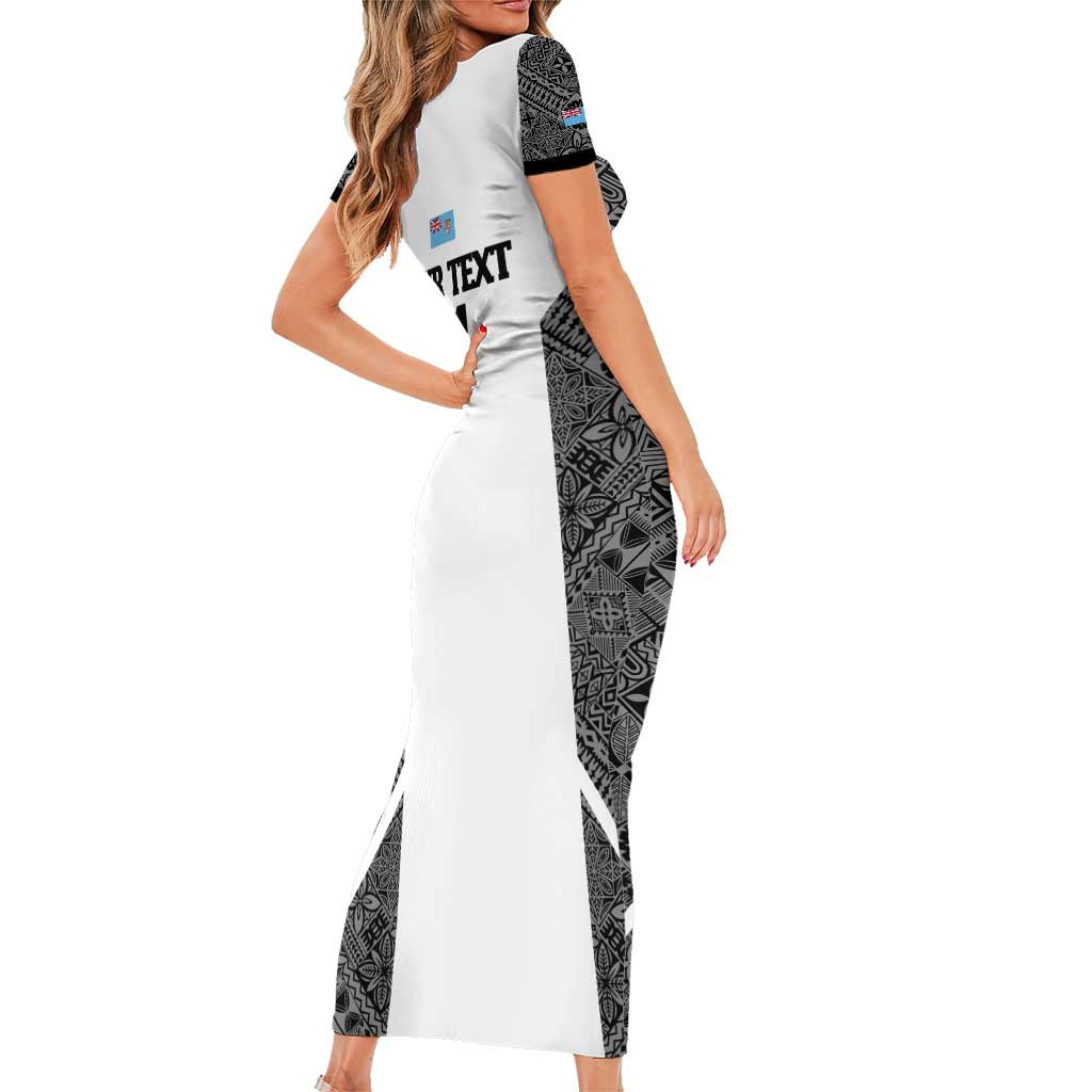 Custom Fiji Tapa Rugby Short Sleeve Bodycon Dress Flying Fijian Black And White Version