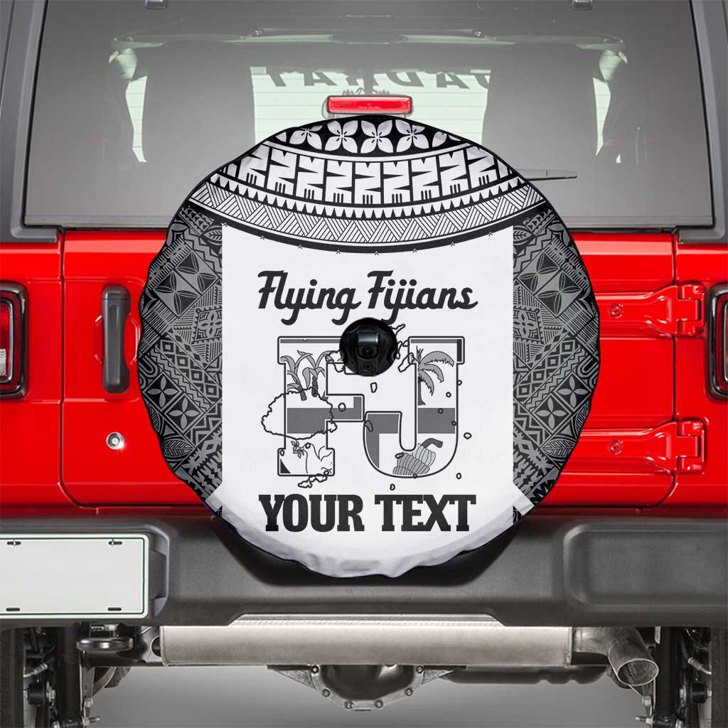 Custom Fiji Tapa Rugby Spare Tire Cover Flying Fijian Black And White Version