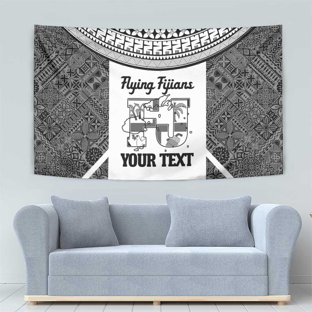 Custom Fiji Tapa Rugby Tapestry Flying Fijian Black And White Version
