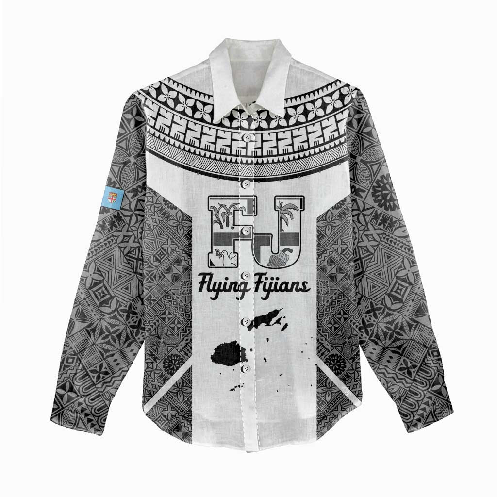 Custom Fiji Tapa Rugby Women Casual Shirt Flying Fijian Black And White Version