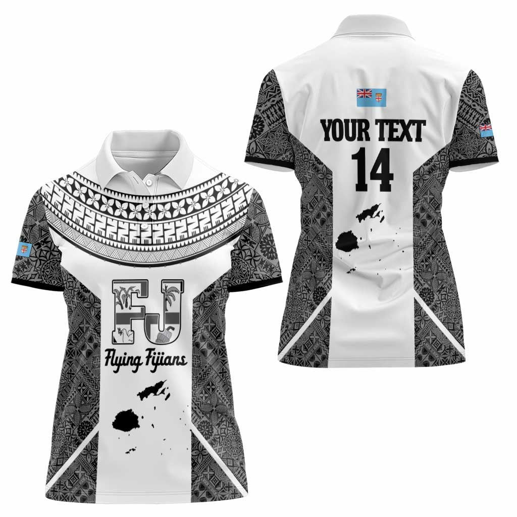 Custom Fiji Tapa Rugby Women Polo Shirt Flying Fijian Black And White Version