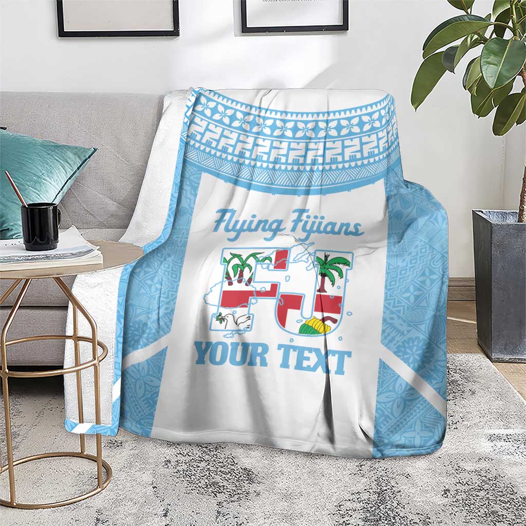 Custom Fiji Tapa Rugby Blanket Flying Fijian Blue And White Version