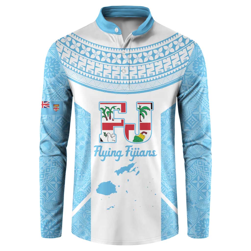 Custom Fiji Tapa Rugby Button Sweatshirt Flying Fijian Blue And White Version