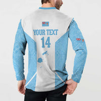 Custom Fiji Tapa Rugby Button Sweatshirt Flying Fijian Blue And White Version