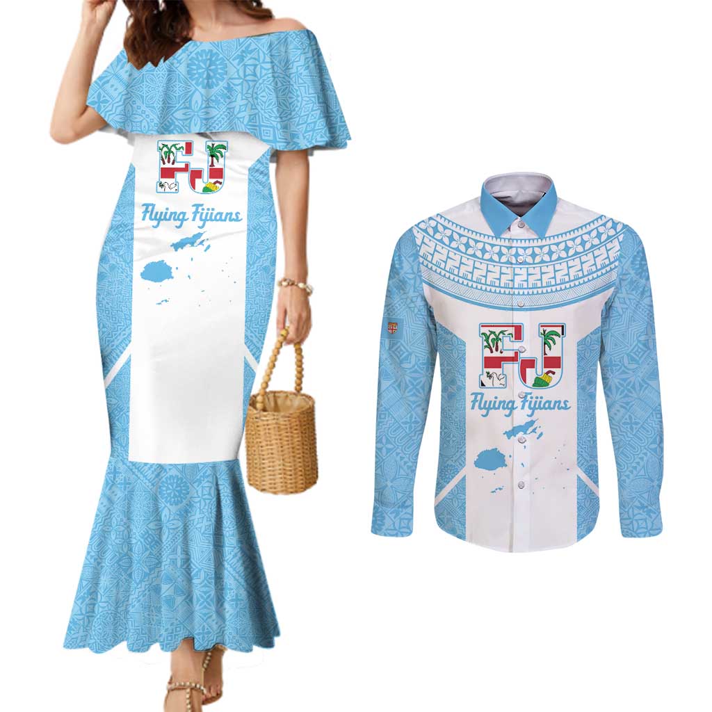 Custom Fiji Tapa Rugby Couples Matching Mermaid Dress and Long Sleeve Button Shirt Flying Fijian Blue And White Version