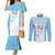 Custom Fiji Tapa Rugby Couples Matching Mermaid Dress and Long Sleeve Button Shirt Flying Fijian Blue And White Version