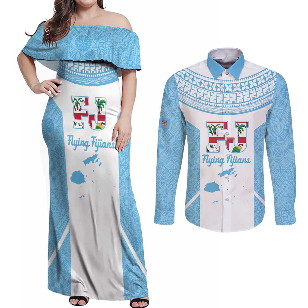 Custom Fiji Tapa Rugby Couples Matching Off Shoulder Maxi Dress and Long Sleeve Button Shirt Flying Fijian Blue And White Version