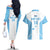 Custom Fiji Tapa Rugby Couples Matching Off The Shoulder Long Sleeve Dress and Hawaiian Shirt Flying Fijian Blue And White Version