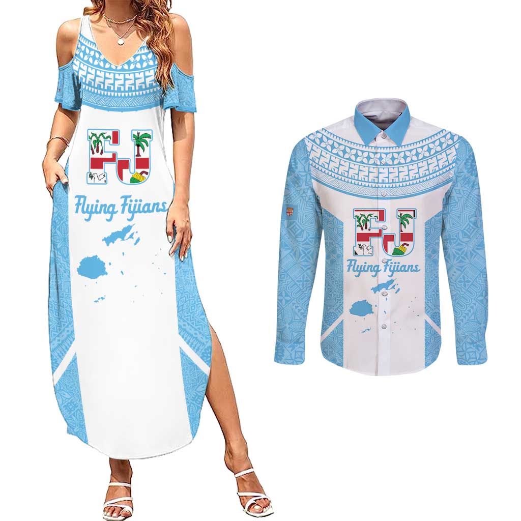 Custom Fiji Tapa Rugby Couples Matching Summer Maxi Dress and Long Sleeve Button Shirt Flying Fijian Blue And White Version