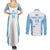 Custom Fiji Tapa Rugby Couples Matching Summer Maxi Dress and Long Sleeve Button Shirt Flying Fijian Blue And White Version