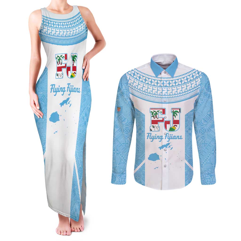 Custom Fiji Tapa Rugby Couples Matching Tank Maxi Dress and Long Sleeve Button Shirt Flying Fijian Blue And White Version