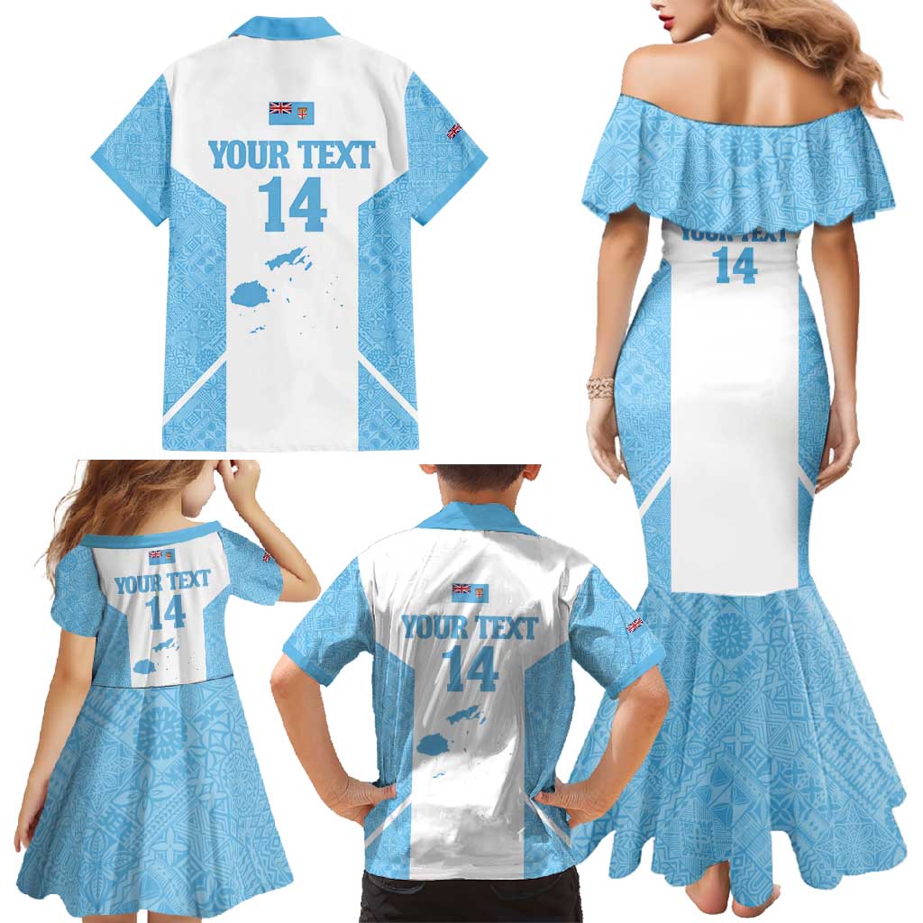 Custom Fiji Tapa Rugby Family Matching Mermaid Dress and Hawaiian Shirt Flying Fijian Blue And White Version