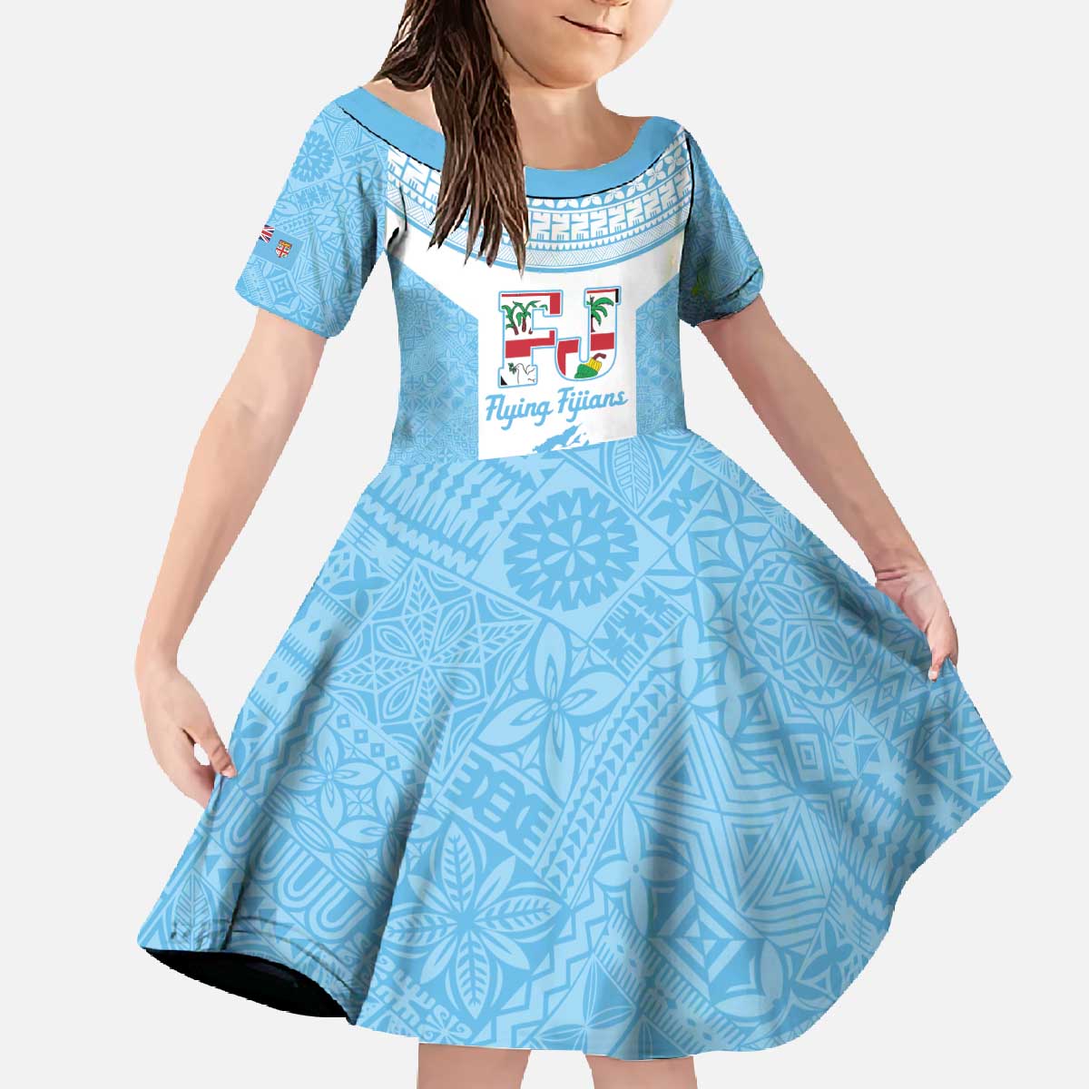 Custom Fiji Tapa Rugby Family Matching Off The Shoulder Long Sleeve Dress and Hawaiian Shirt Flying Fijian Blue And White Version