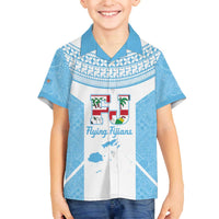 Custom Fiji Tapa Rugby Family Matching Off The Shoulder Long Sleeve Dress and Hawaiian Shirt Flying Fijian Blue And White Version