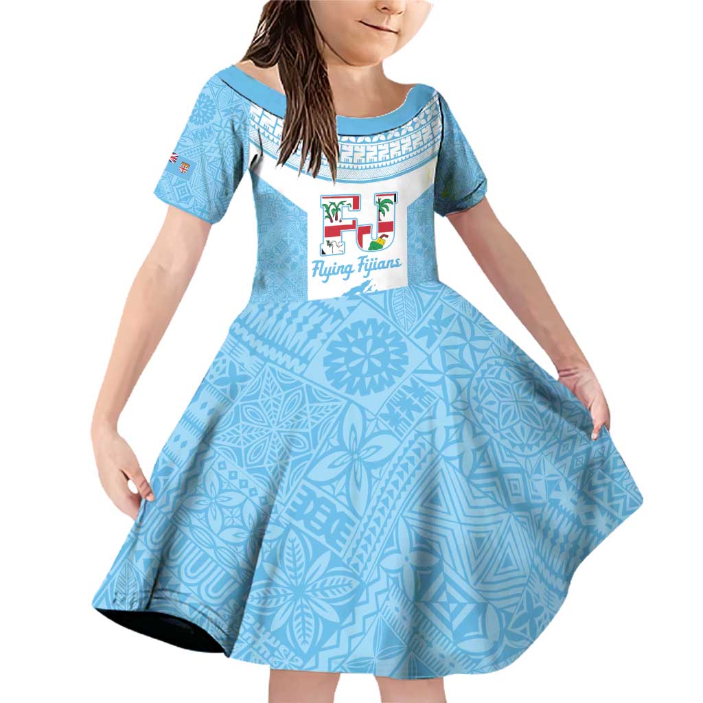 Custom Fiji Tapa Rugby Family Matching Off Shoulder Short Dress and Hawaiian Shirt Flying Fijian Blue And White Version