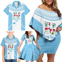 Custom Fiji Tapa Rugby Family Matching Off Shoulder Short Dress and Hawaiian Shirt Flying Fijian Blue And White Version