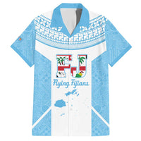 Custom Fiji Tapa Rugby Family Matching Off Shoulder Short Dress and Hawaiian Shirt Flying Fijian Blue And White Version