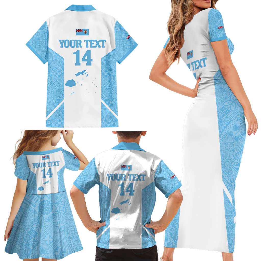 Custom Fiji Tapa Rugby Family Matching Short Sleeve Bodycon Dress and Hawaiian Shirt Flying Fijian Blue And White Version