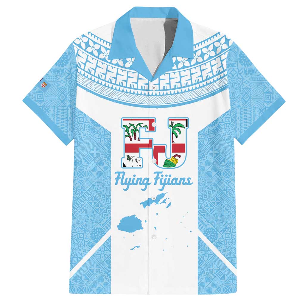 Custom Fiji Tapa Rugby Family Matching Summer Maxi Dress and Hawaiian Shirt Flying Fijian Blue And White Version
