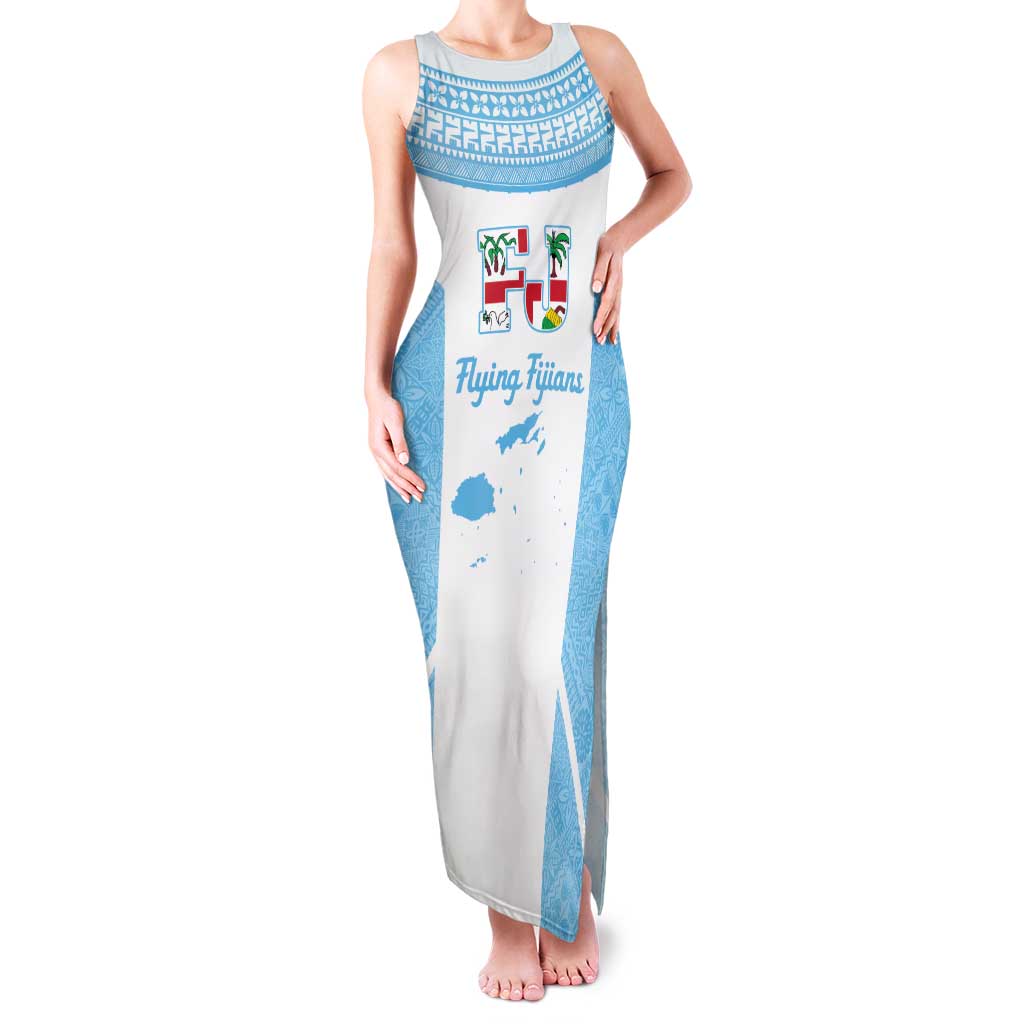 Custom Fiji Tapa Rugby Family Matching Tank Maxi Dress and Hawaiian Shirt Flying Fijian Blue And White Version