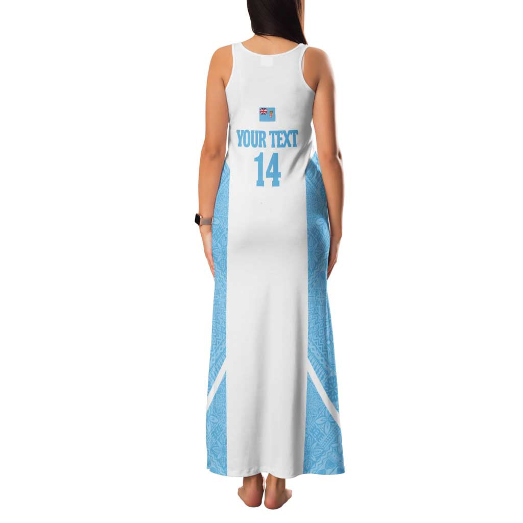 Custom Fiji Tapa Rugby Family Matching Tank Maxi Dress and Hawaiian Shirt Flying Fijian Blue And White Version