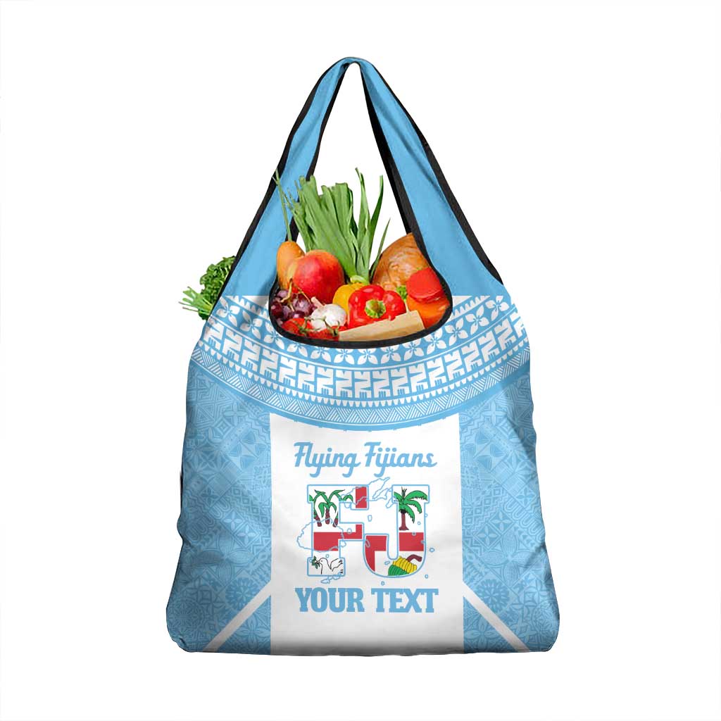 Custom Fiji Tapa Rugby Grocery Bag Flying Fijian Blue And White Version