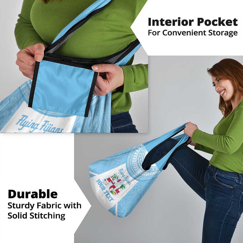 Custom Fiji Tapa Rugby Grocery Bag Flying Fijian Blue And White Version