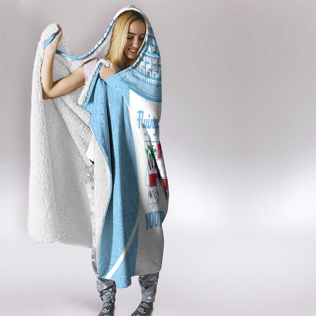 Custom Fiji Tapa Rugby Hooded Blanket Flying Fijian Blue And White Version