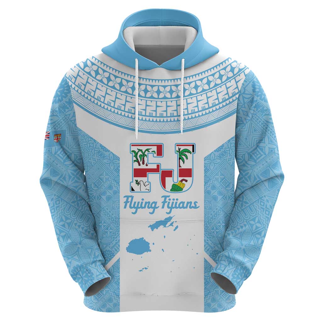 Custom Fiji Tapa Rugby Hoodie Flying Fijian Blue And White Version
