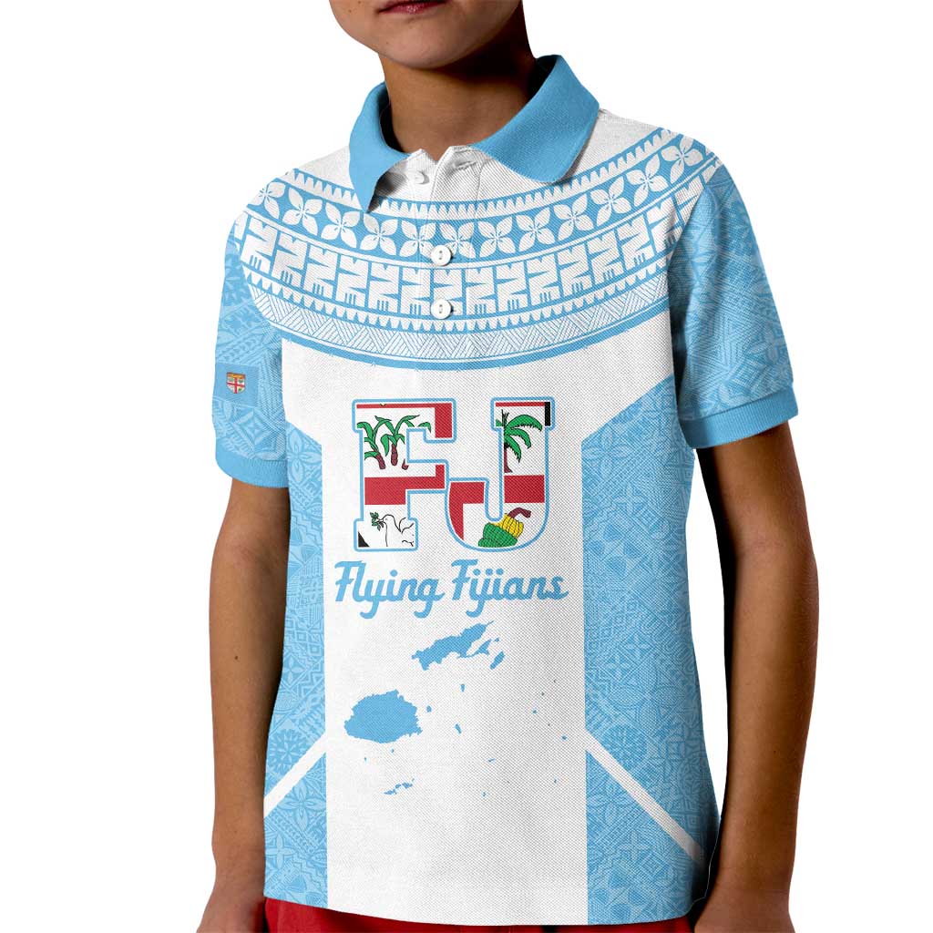 Custom Fiji Tapa Rugby Kid Polo Shirt Flying Fijian Blue And White Version
