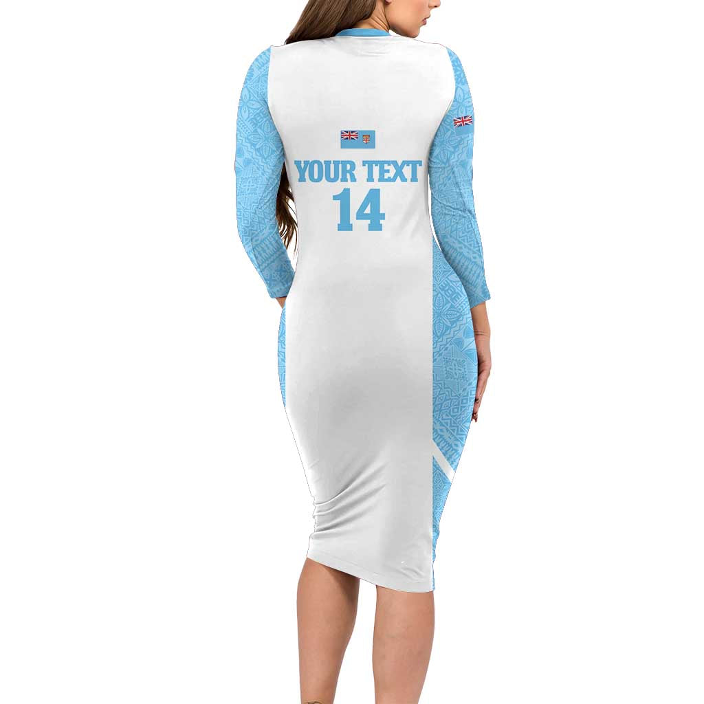 Custom Fiji Tapa Rugby Long Sleeve Bodycon Dress Flying Fijian Blue And White Version