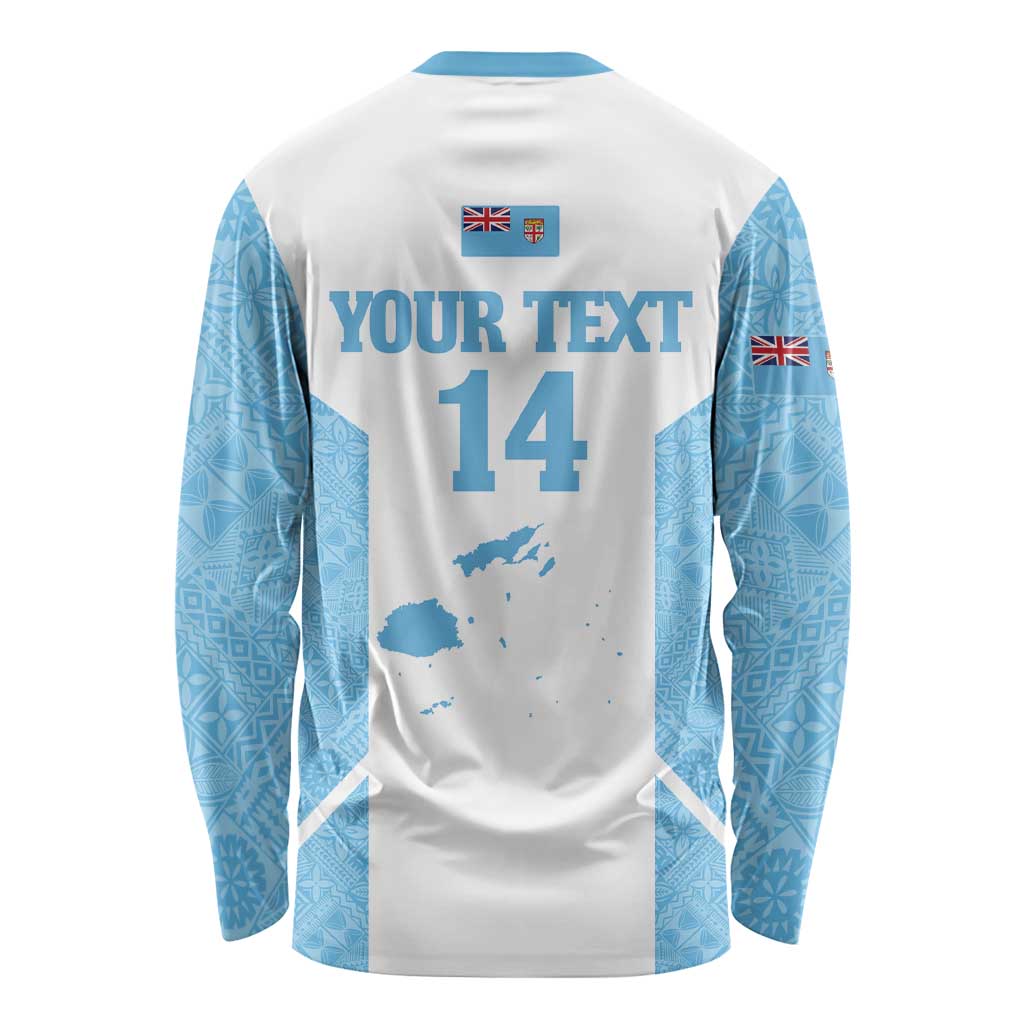 Custom Fiji Tapa Rugby Long Sleeve Shirt Flying Fijian Blue And White Version