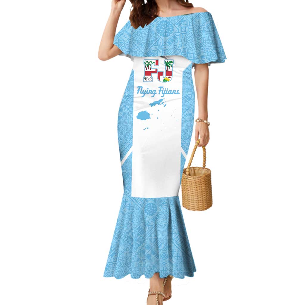 Custom Fiji Tapa Rugby Mermaid Dress Flying Fijian Blue And White Version
