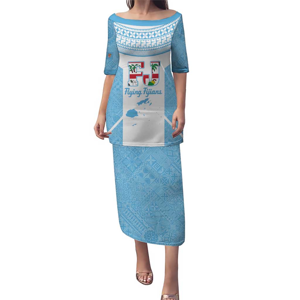 Custom Fiji Tapa Rugby Puletasi Flying Fijian Blue And White Version