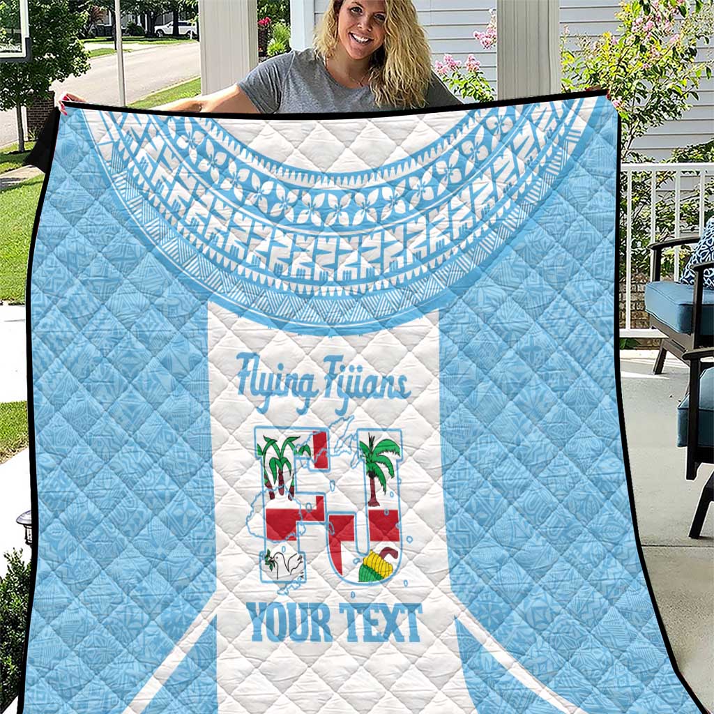 Custom Fiji Tapa Rugby Quilt Flying Fijian Blue And White Version