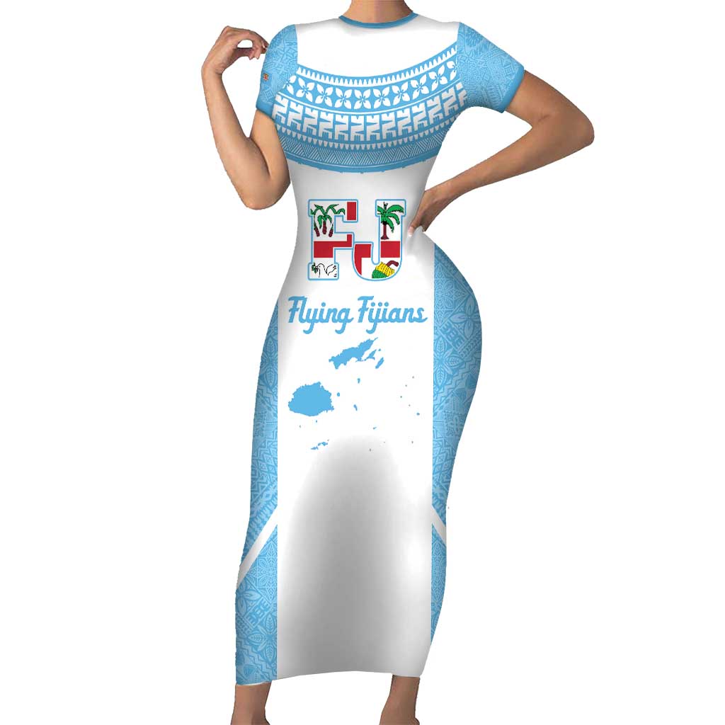 Custom Fiji Tapa Rugby Short Sleeve Bodycon Dress Flying Fijian Blue And White Version