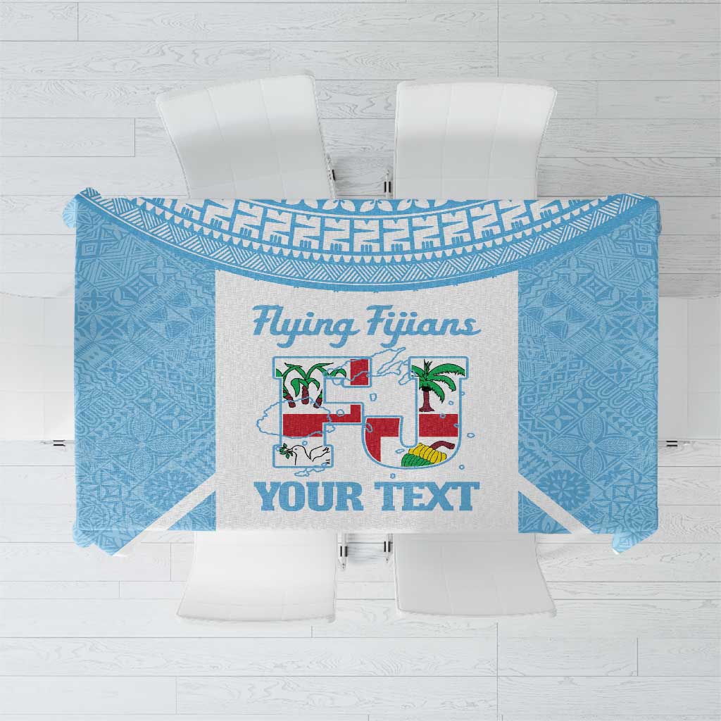 Custom Fiji Tapa Rugby Tablecloth Flying Fijian Blue And White Version